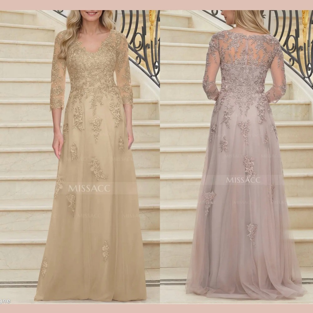 NWT MISSACC [ PLUS ] A-Line V-Neck 3/4 Sleeves Tulle Appliques‎ Embroidered Gown